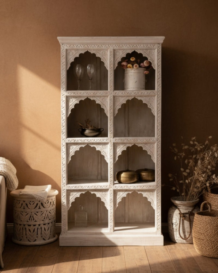 Hand-Carved Mango Wood Bookcase – Whitewashed Finish with Eight Arched Display Shelves
