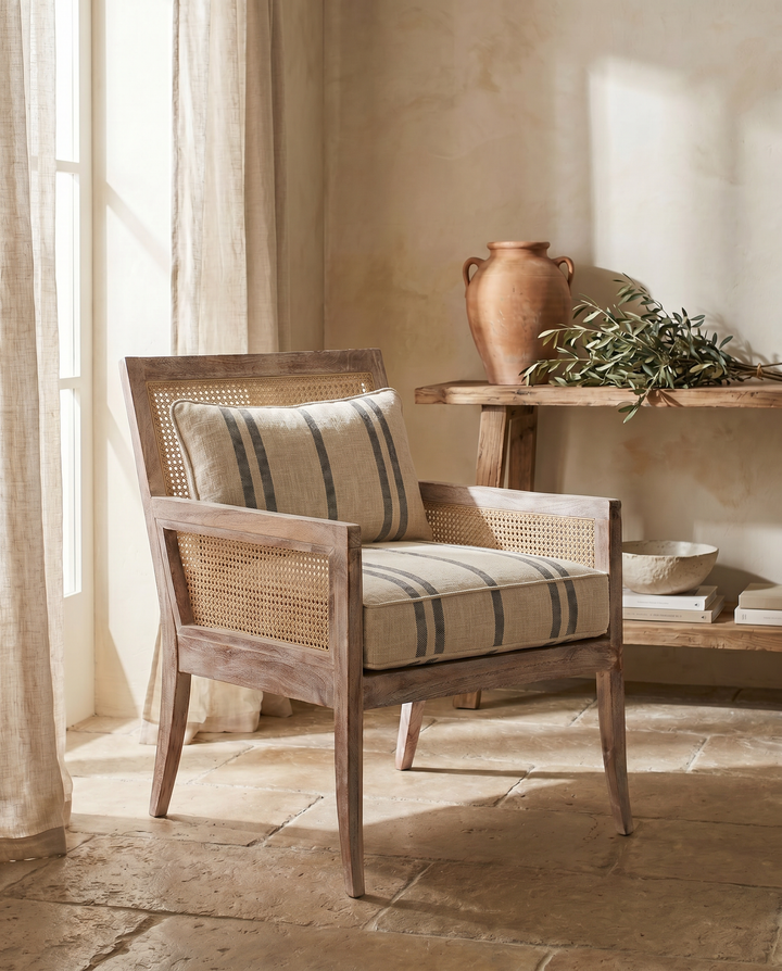 Rattan &amp; Acacia Wood Armchair with Striped Linen Upholstery