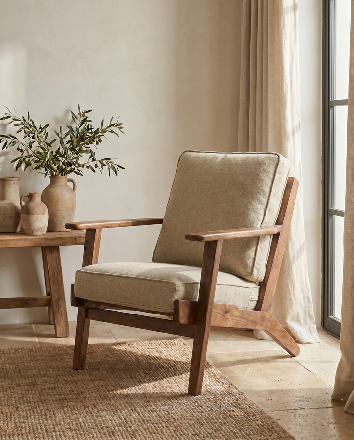 Farmhouse Acacia Wood Armchair with Linen Upholstery – Natural Finish
