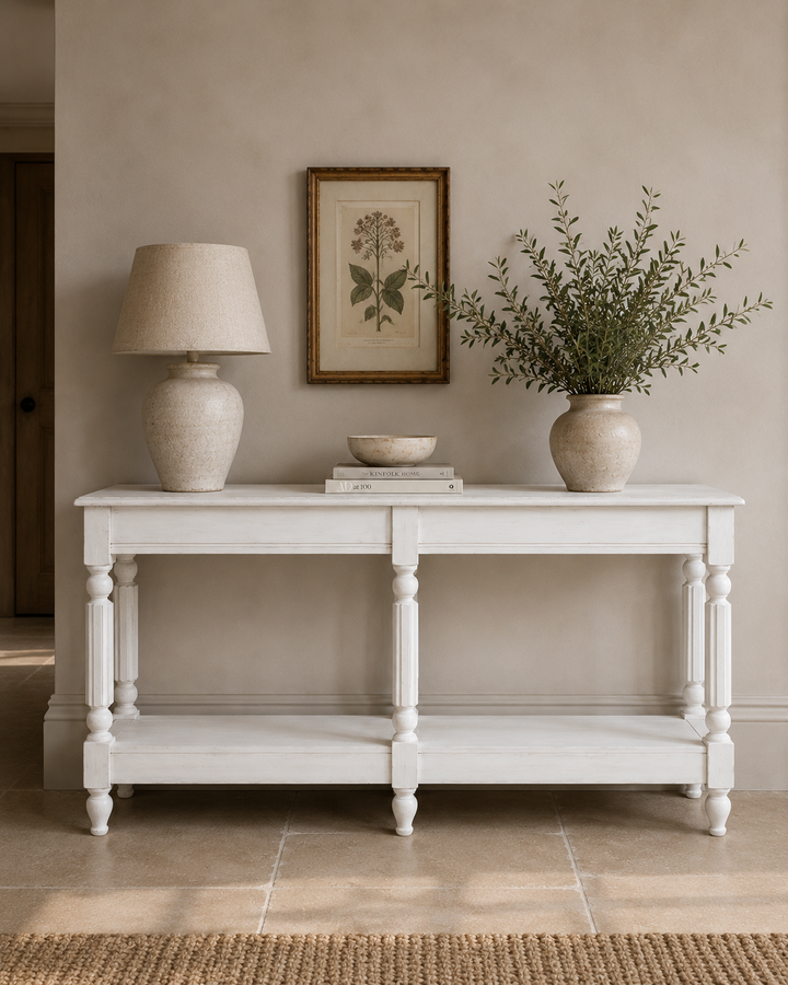 Long Mango Wood Hand-Carved Console Table with Shelf – Whitewashed Finish