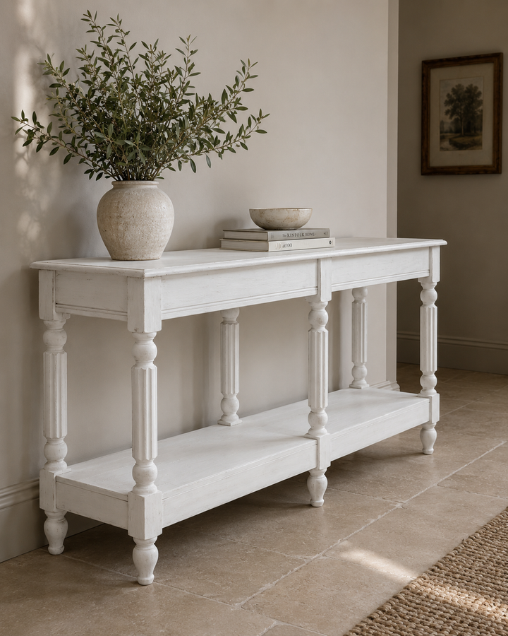 Long Mango Wood Hand-Carved Console Table with Shelf – Whitewashed Finish