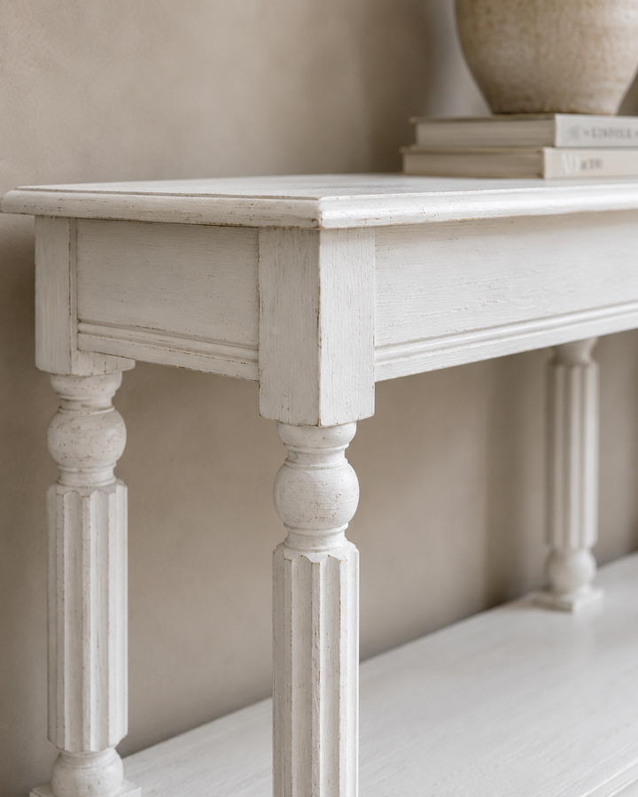 Long Mango Wood Hand-Carved Console Table with Shelf – Whitewashed Finish