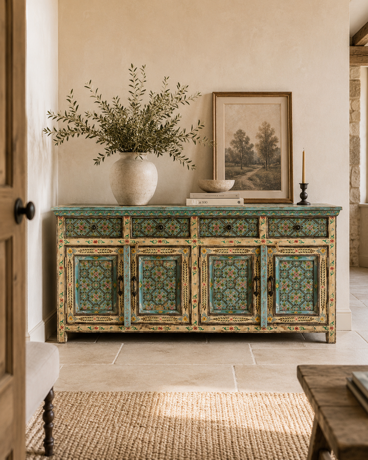 Hand-Painted Mango Wood Sideboard – 4 Doors &amp; 4 Drawers, Floral Design (180cm)