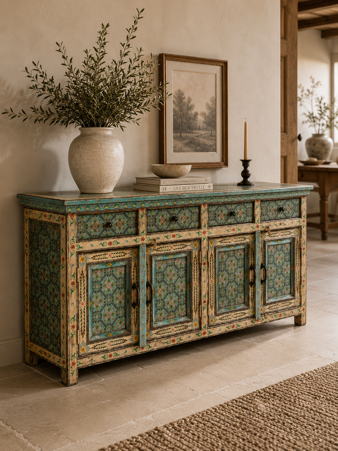 Hand-Painted Mango Wood Sideboard – 4 Doors &amp; 4 Drawers, Floral Design (180cm)