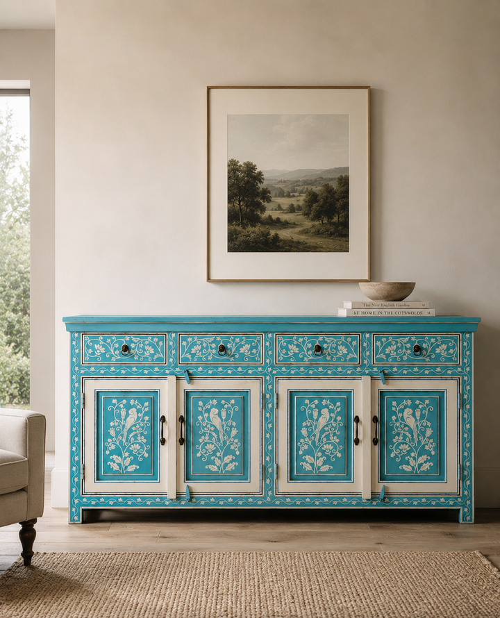 Hand-Painted Turquoise Mango Wood Sideboard – Floral Artisan Cabinet