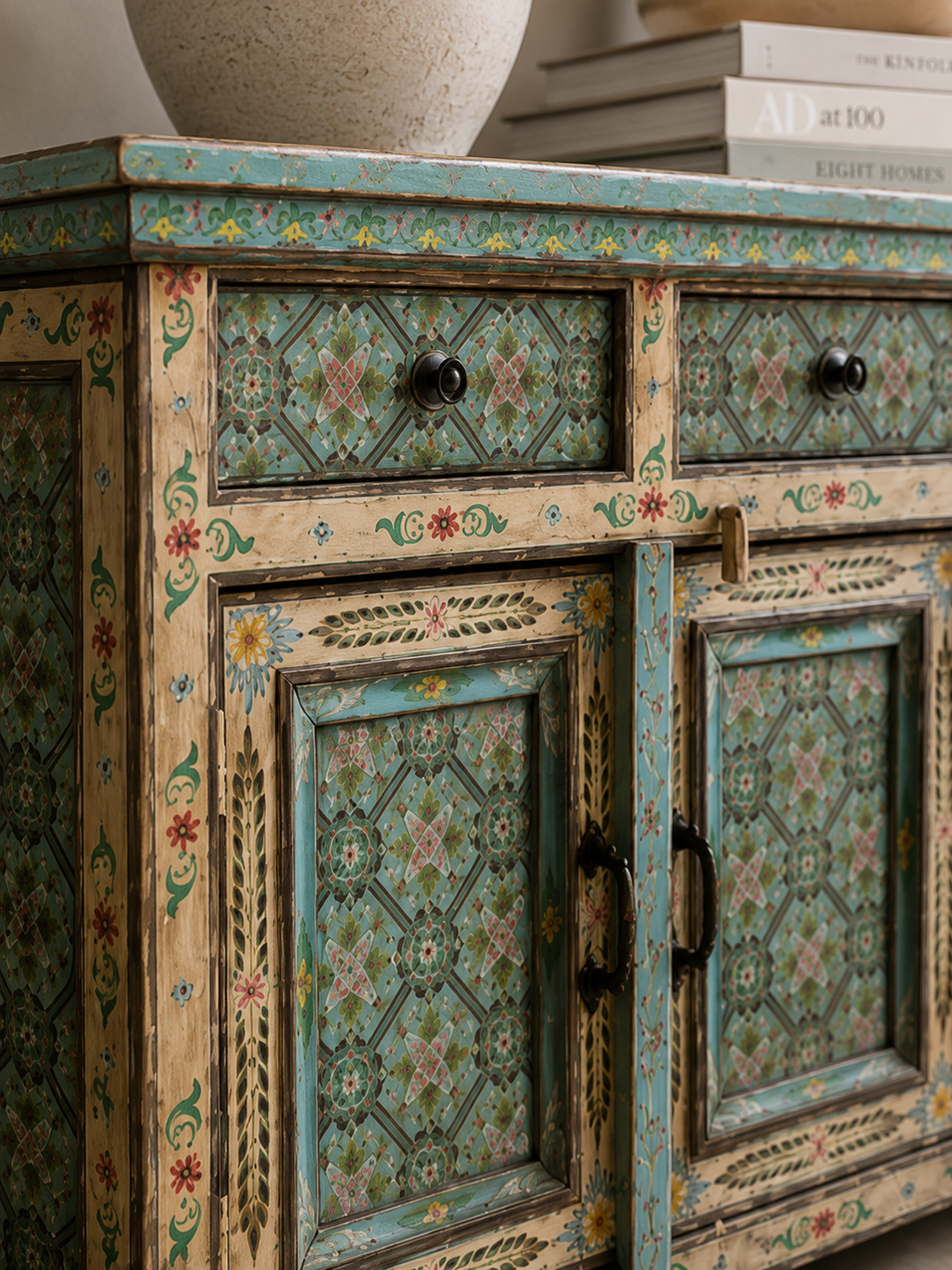 Hand-Painted Mango Wood Sideboard – 4 Doors &amp; 4 Drawers, Floral Design (180cm)