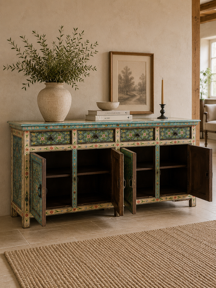 Hand-Painted Mango Wood Sideboard – 4 Doors &amp; 4 Drawers, Floral Design (180cm)