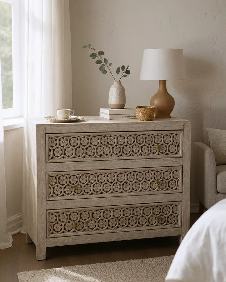 Hand-Carved Mango Wood Three Drawer Chest – Petal Design in Creamwash Finish