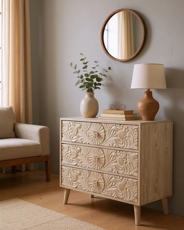 Hand-Carved Mango Wood Three Drawer Chest – Sandblasted Creamwash Finish