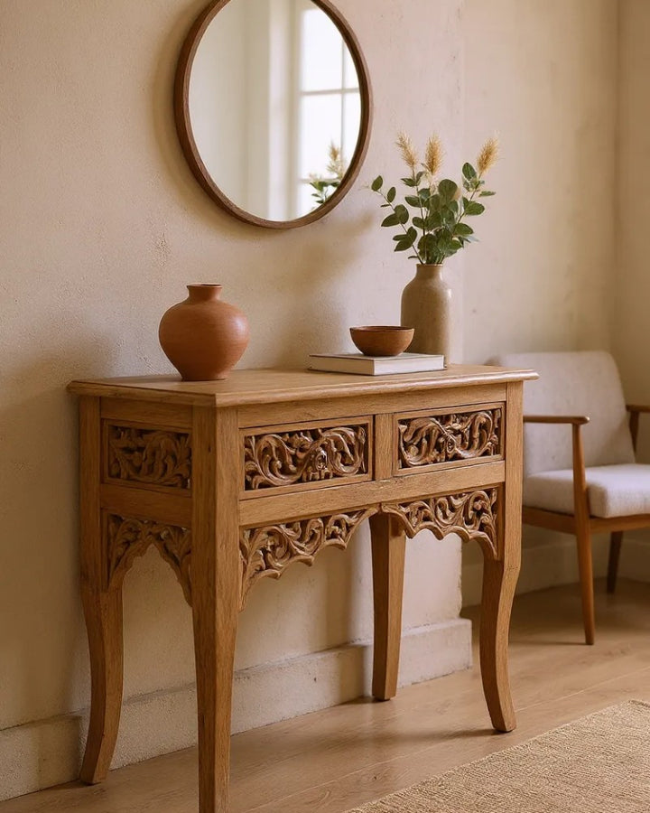 Hand-Carved Mango Wood Console Table – Natural Polished Finish with Floral Openwork