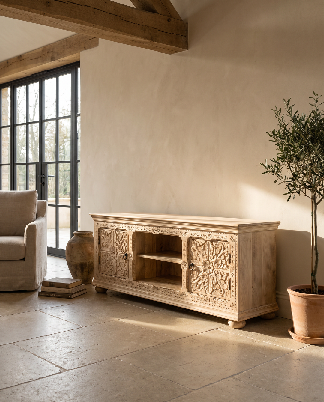 Hand-Carved Solid Mango Wood TV &amp; Media Unit – Light Natural Finish with Floral Doors