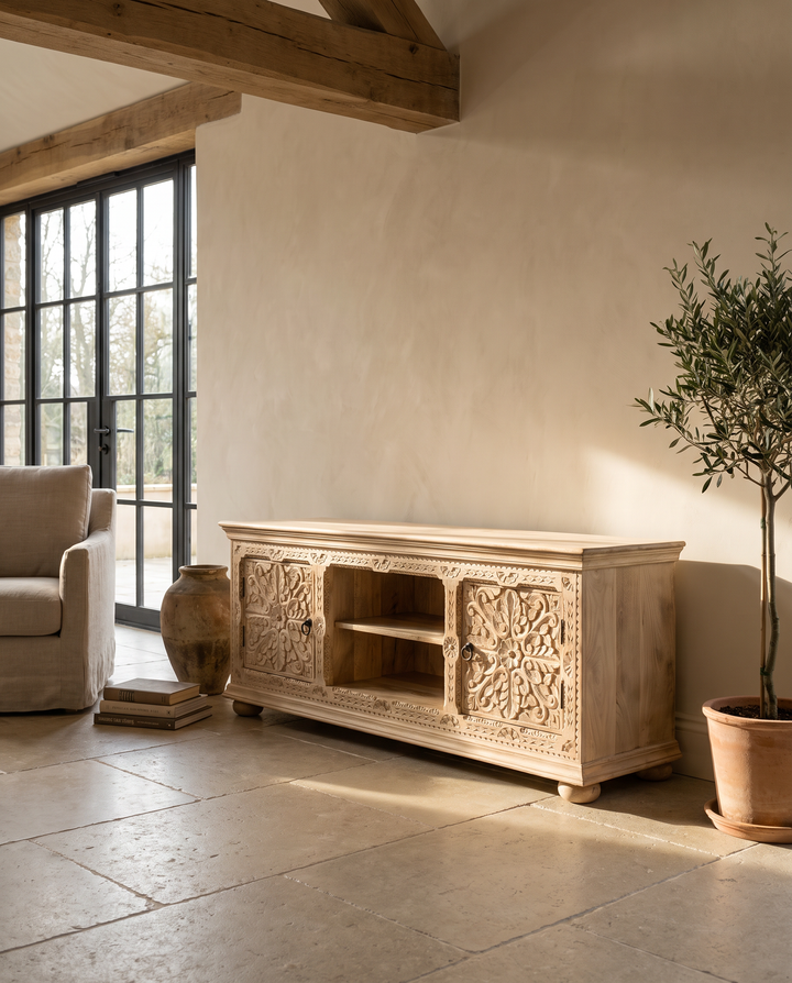 Hand-Carved Solid Mango Wood TV &amp; Media Unit – Light Natural Finish with Floral Doors