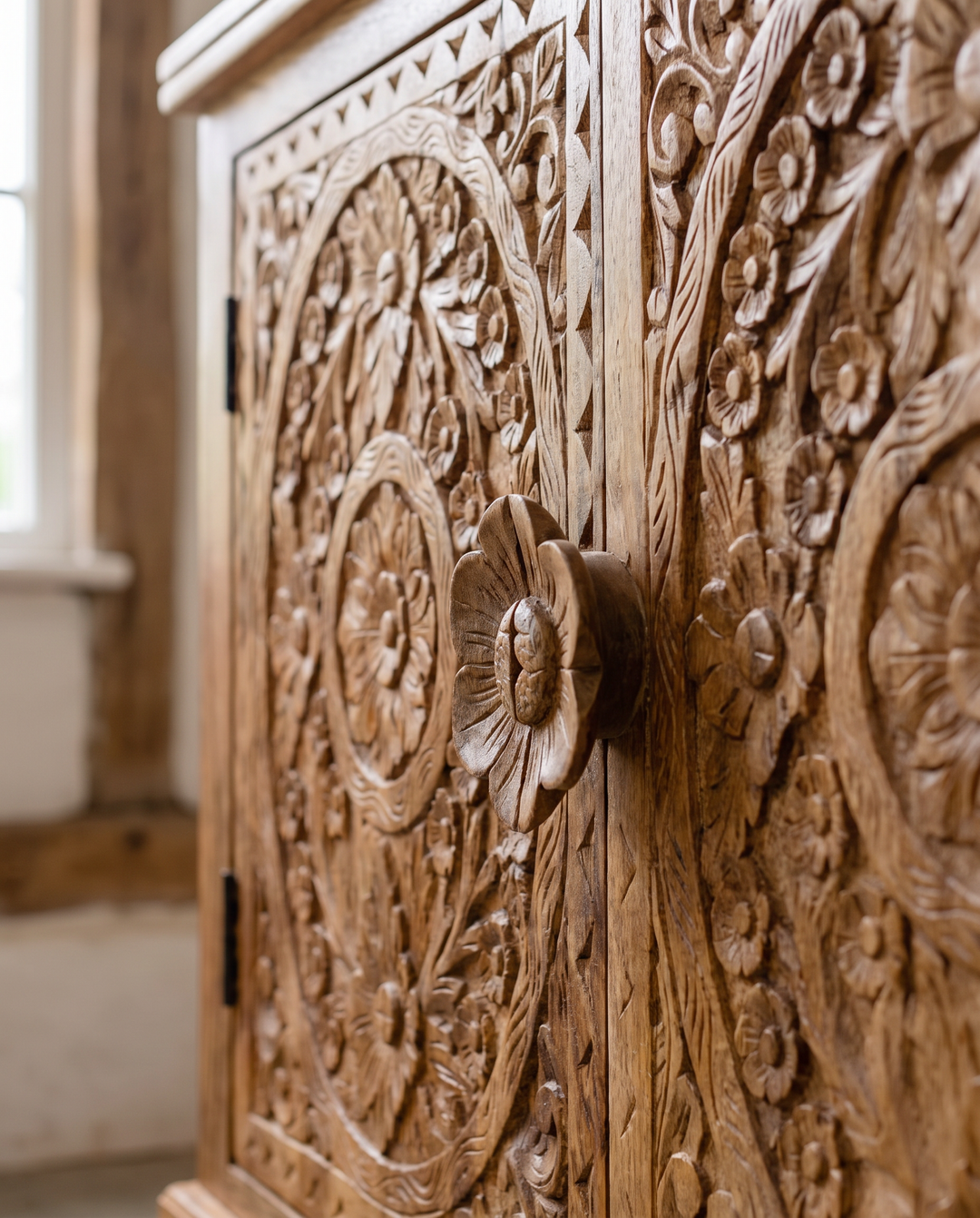 Hand-Carved Floral Medallion Mango Wood Sideboard – Solid Wood Storage Cabinet