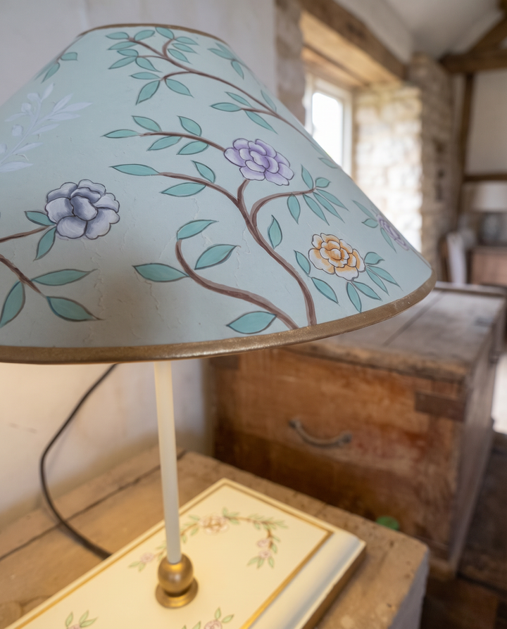 Hand-Painted Floral Table Lamp – Pastel Turquoise Brass &amp; Iron Lamp