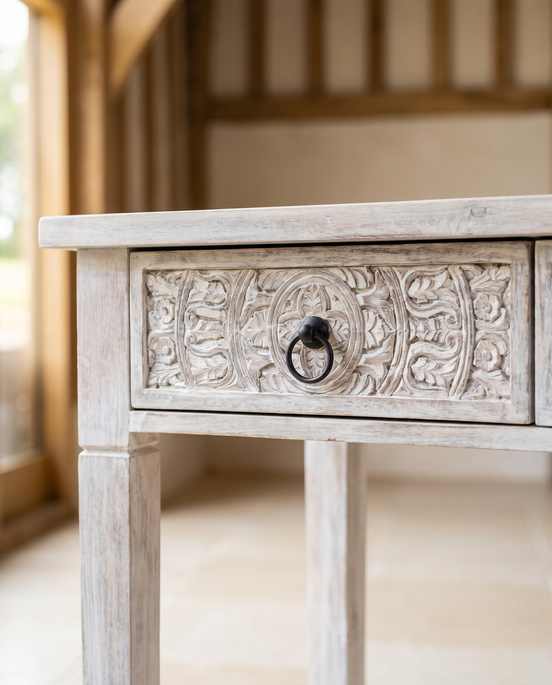 Hand-Carved Mango Wood Console Table – Creamwashed Finish with Two Drawers