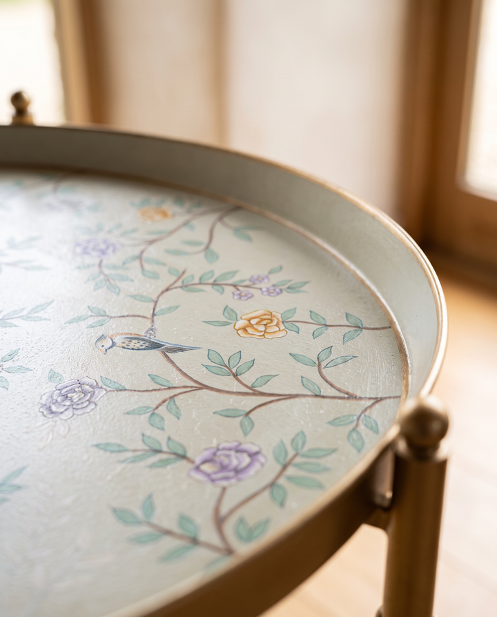 Botanical Floral Metal Tray Table – Pastel Turquoise &amp; Gold Iron Side Table