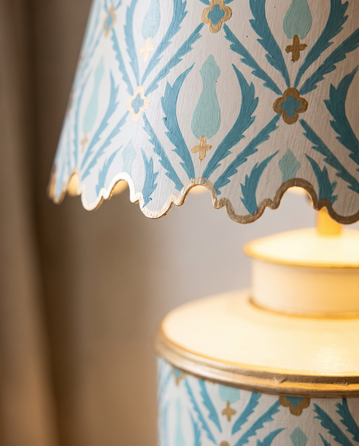 Blue &amp; Gold Patterned Iron Table Lamp – Decorative Printed Lamp with Shade