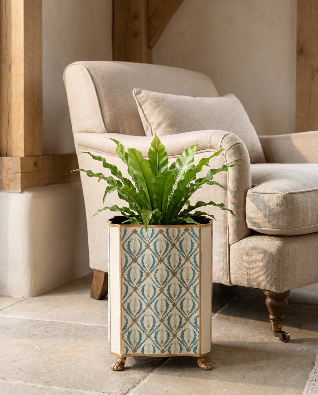 Blue &amp; Gold Patterned Iron Planter – Decorative Metal Plant Pot