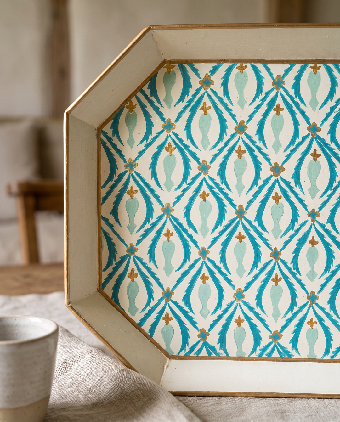Blue &amp; Gold Patterned Iron Serving Tray – Decorative Metal Tray