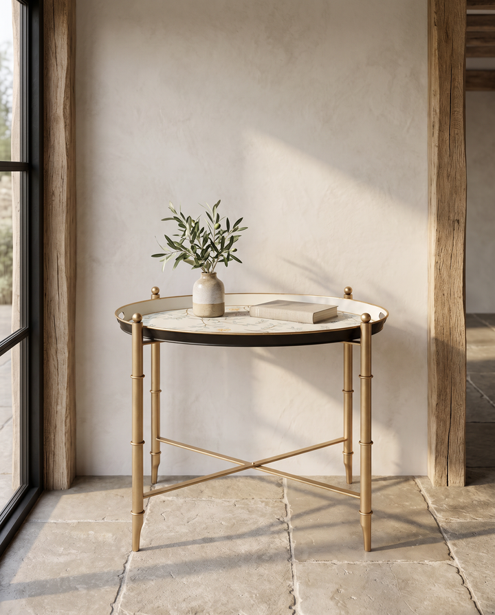 Botanical Floral Metal Tray Table – Pastel Turquoise &amp; Gold Iron Side Table