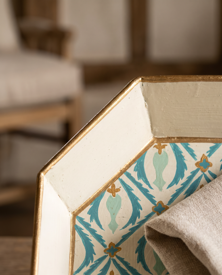 Blue &amp; Gold Patterned Iron Serving Tray – Decorative Metal Tray