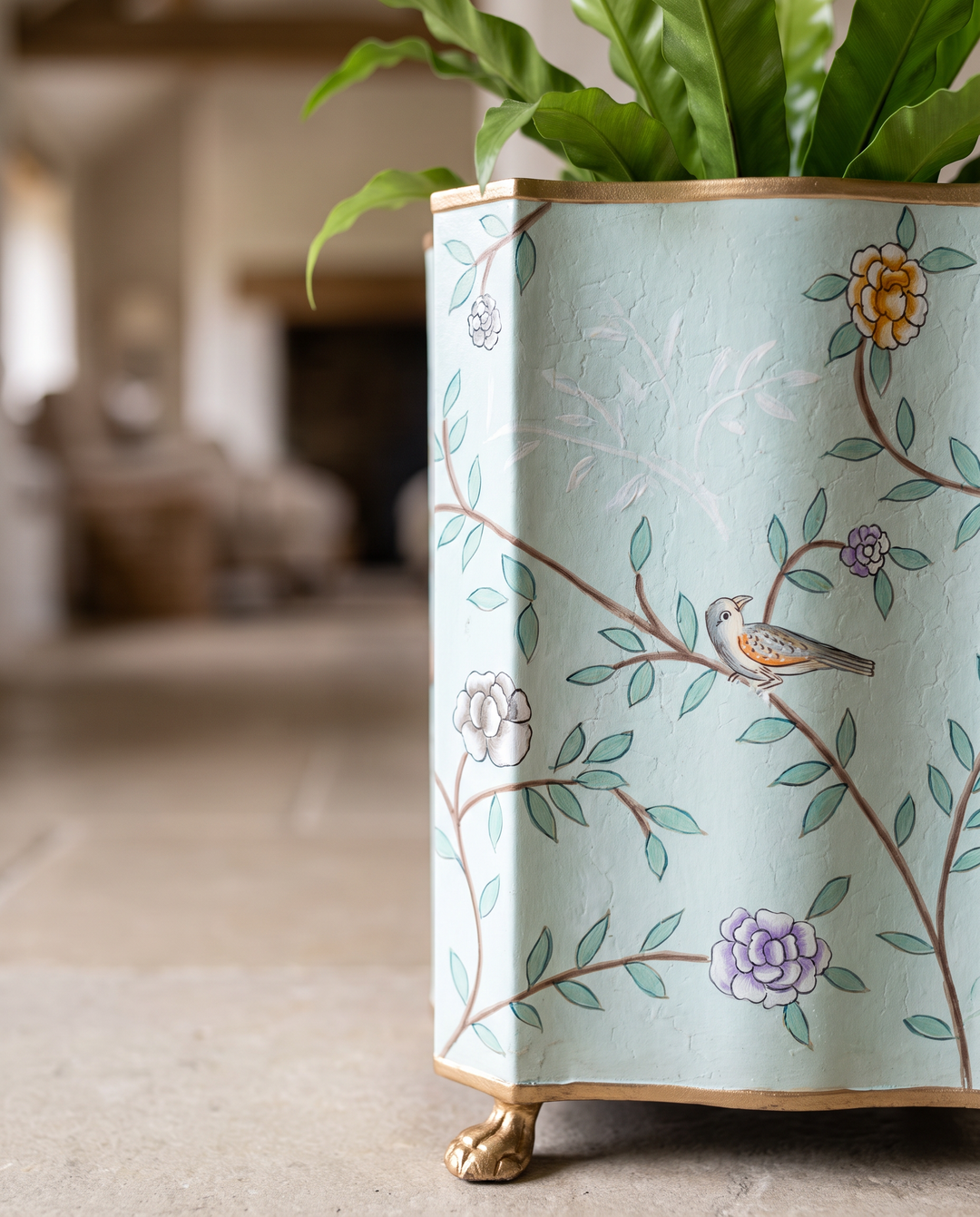 Botanical Floral Iron Planter – Pastel Turquoise Decorative Plant Pot