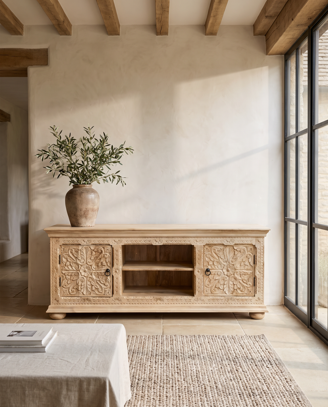 Hand-Carved Solid Mango Wood TV &amp; Media Unit – Light Natural Finish with Floral Doors