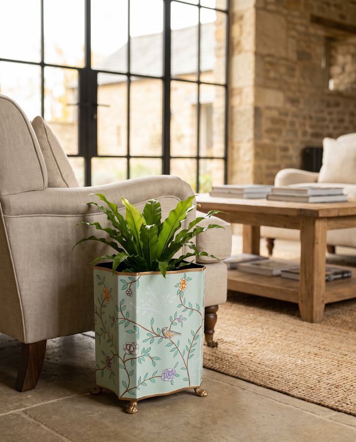 Botanical Floral Iron Planter – Pastel Turquoise Decorative Plant Pot