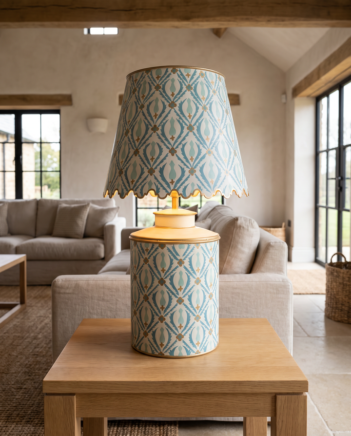 Blue &amp; Gold Patterned Iron Table Lamp – Decorative Printed Lamp with Shade