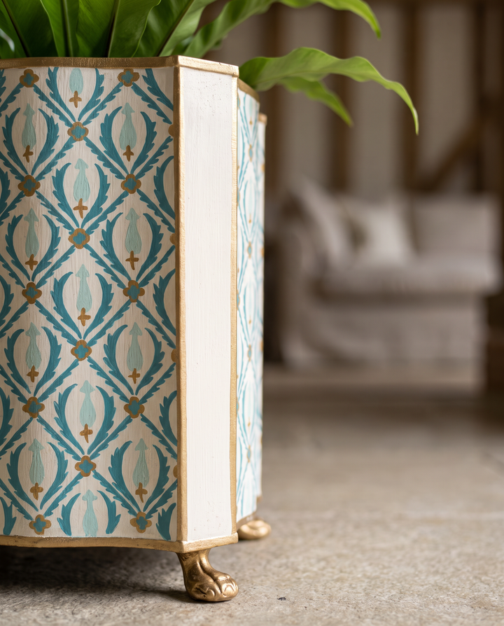 Blue &amp; Gold Patterned Iron Planter – Decorative Metal Plant Pot