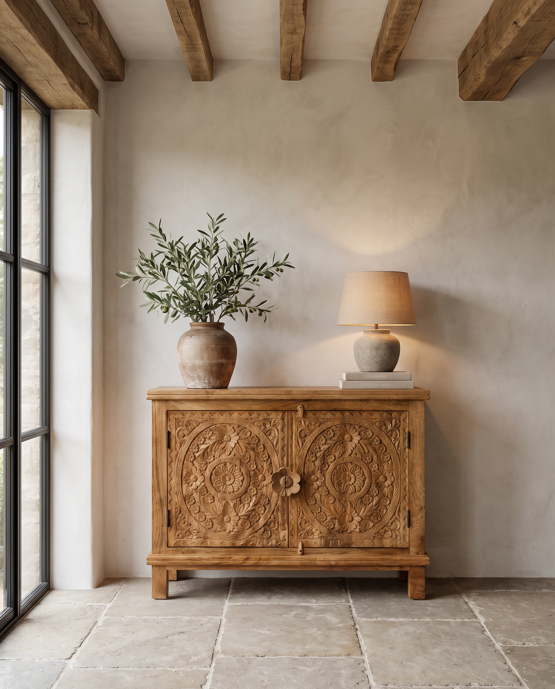 Hand-Carved Floral Medallion Mango Wood Sideboard – Solid Wood Storage Cabinet