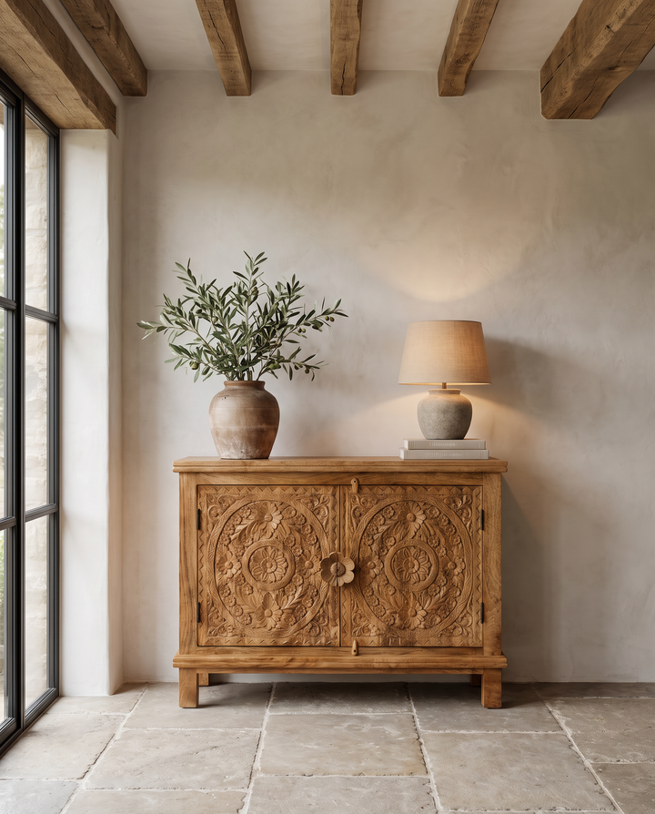 Hand-Carved Floral Medallion Mango Wood Sideboard – Solid Wood Storage Cabinet
