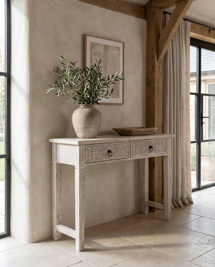 Hand-Carved Mango Wood Console Table – Creamwashed Finish with Two Drawers