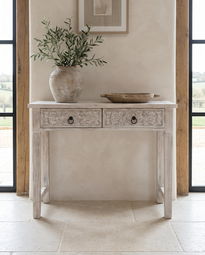 Hand-Carved Mango Wood Console Table – Creamwashed Finish with Two Drawers