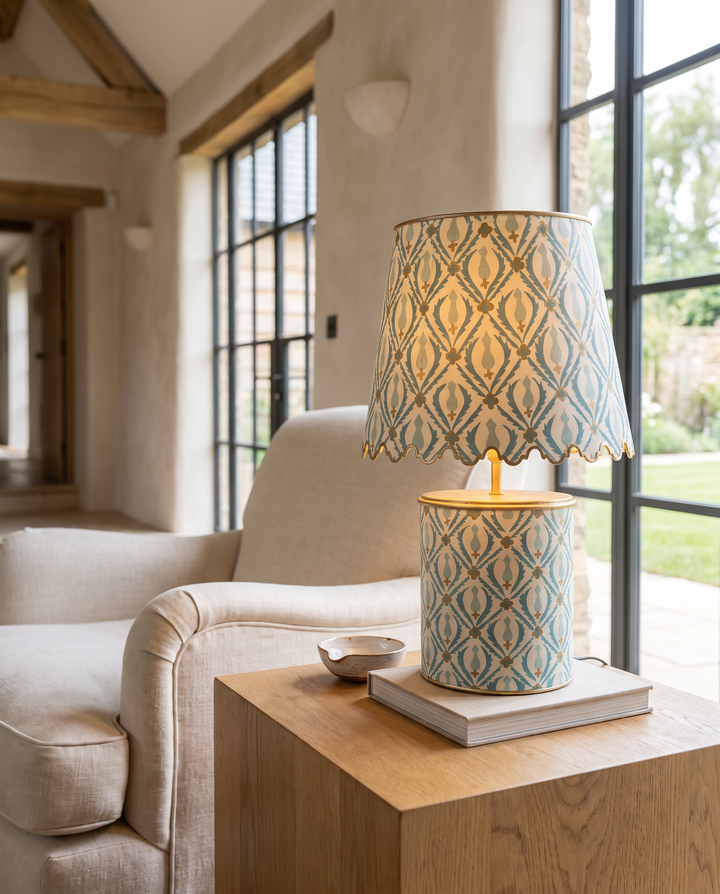 Blue &amp; Gold Patterned Iron Table Lamp – Decorative Printed Lamp with Shade