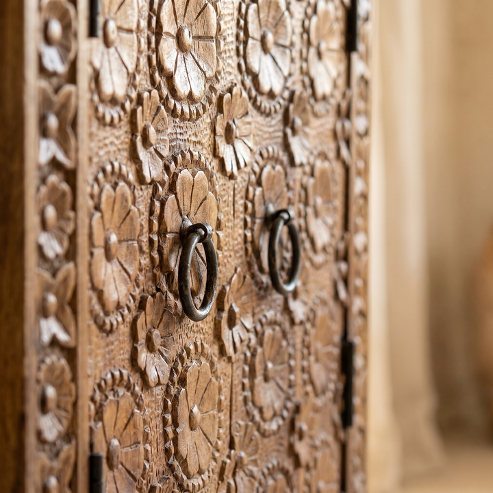 Hand-Carved Mango Wood Sideboard Cabinet – Natural Polished Finish
