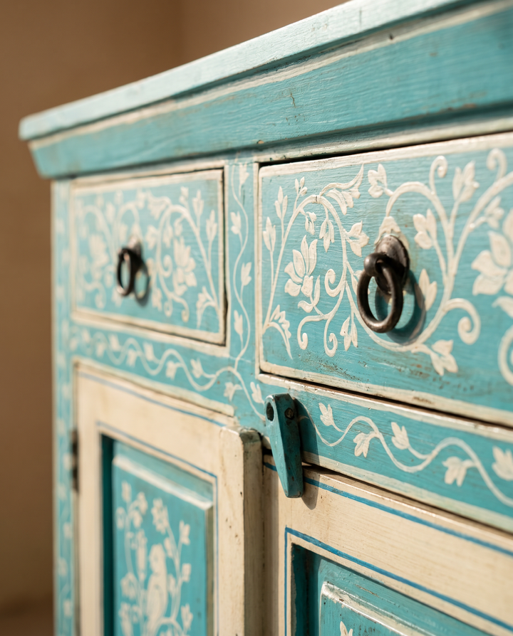 Decorative wooden cabinet with turquoise and white floral patterns