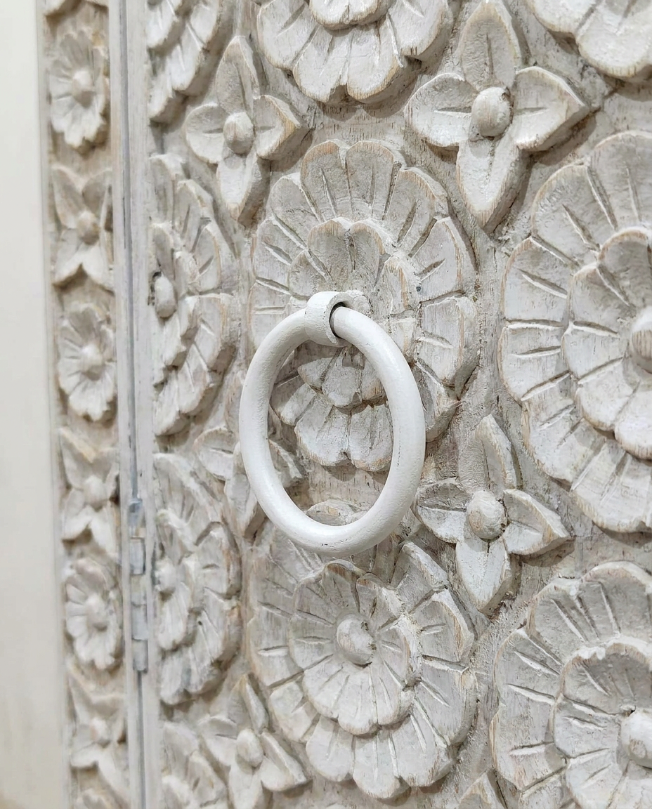 Hand-Carved Mango Wood Wardrobe – Whitewashed Floral Design