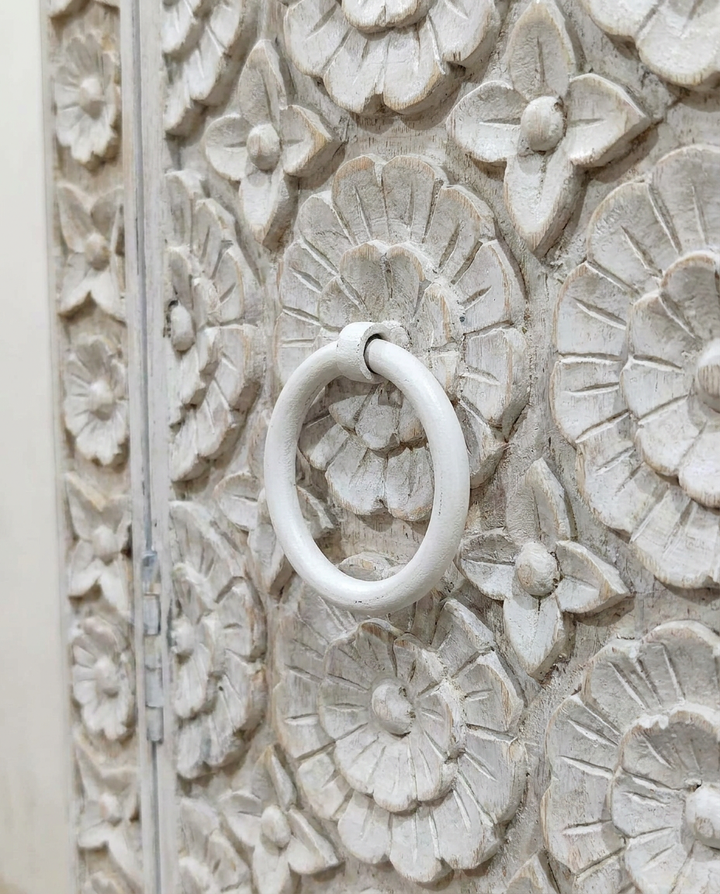 Hand-Carved Mango Wood Wardrobe – Whitewashed Floral Design