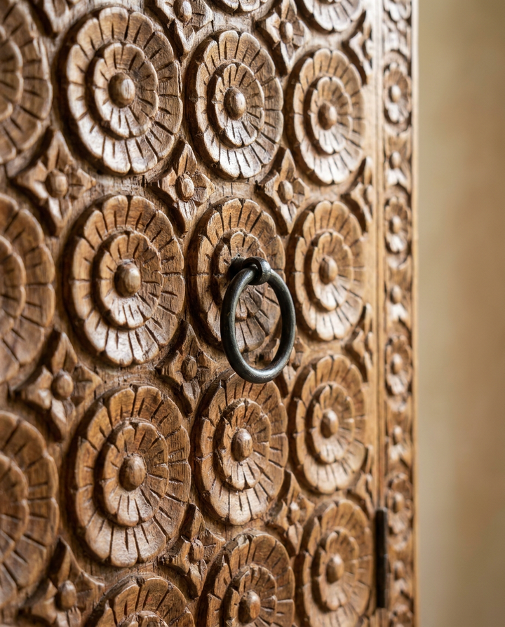 Hand-Carved Mango Wood Wardrobe – Natural Polished Finish