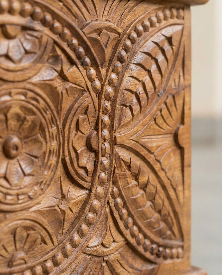 Ornately Carved Mango Wood Storage Box – Natural Polished Finish