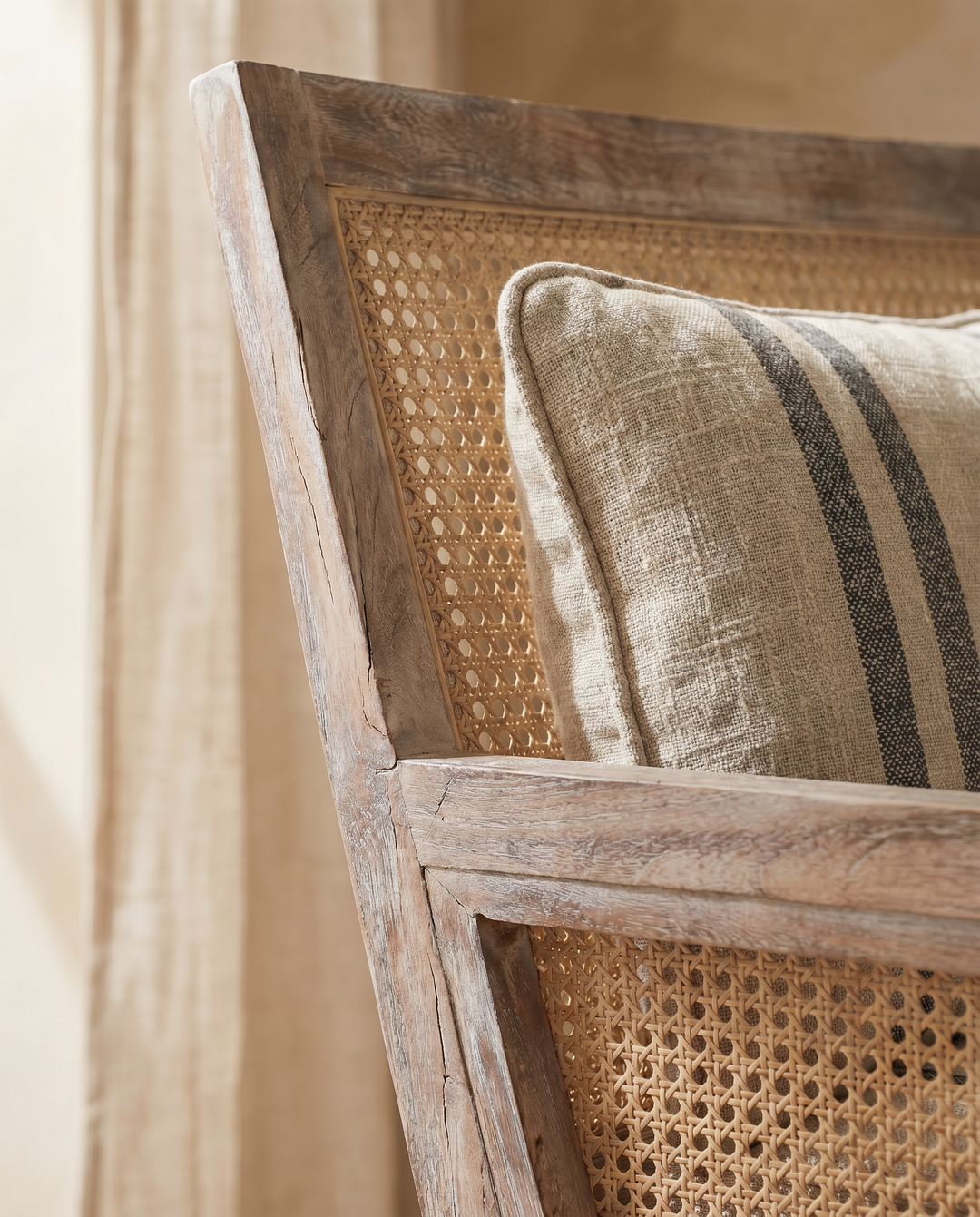Rattan &amp; Acacia Wood Armchair with Striped Linen Upholstery