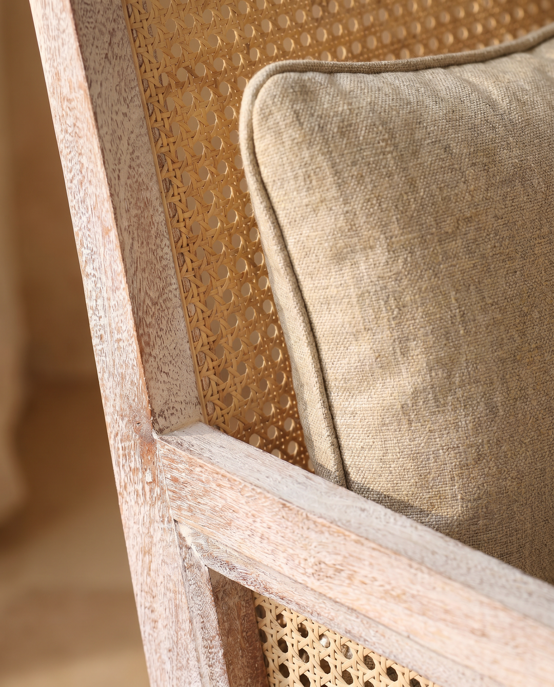 Rattan &amp; Acacia Wood Armchair with Linen Upholstery – Natural Finish