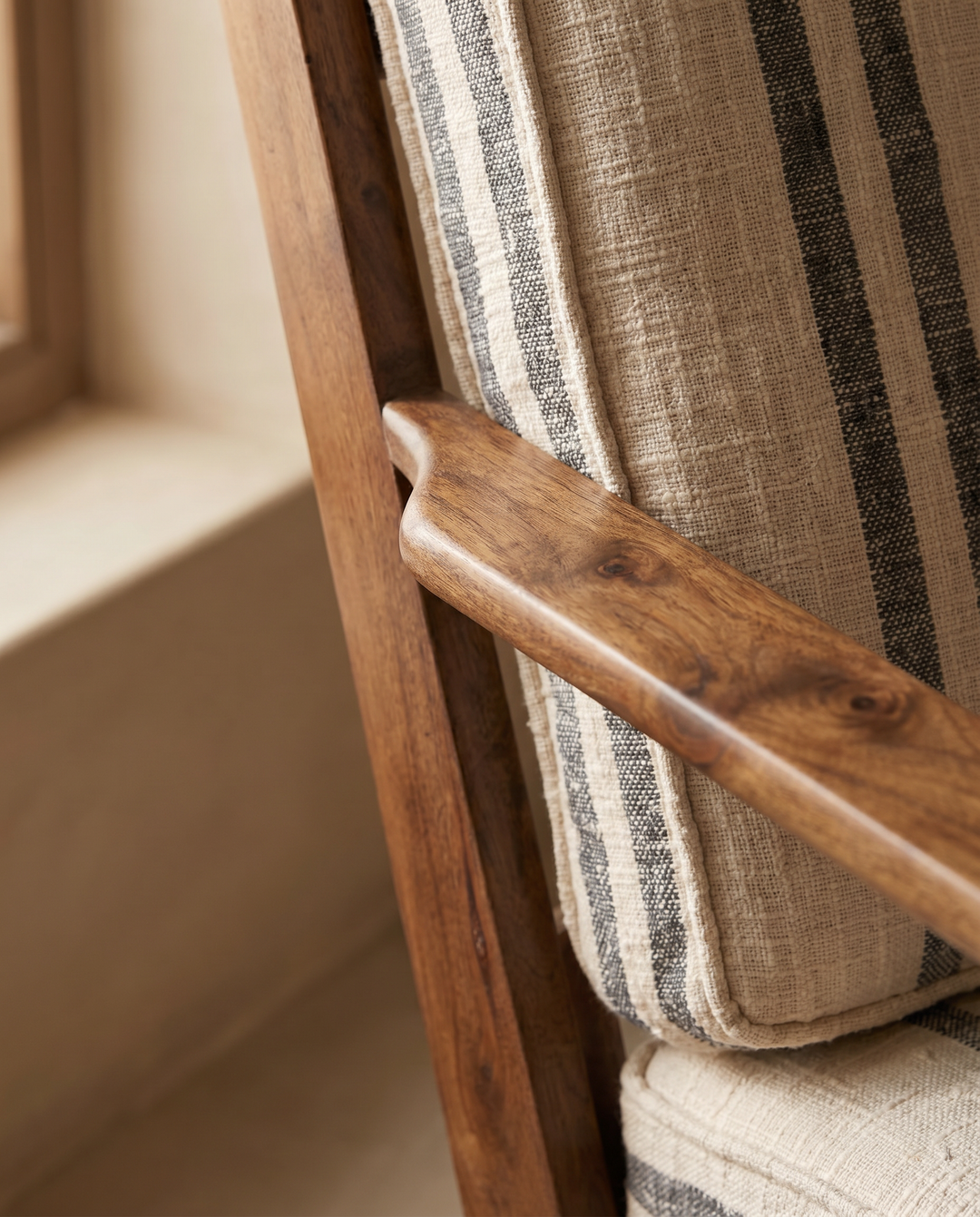 Farmhouse Acacia Wood Armchair with Striped Linen Upholstery