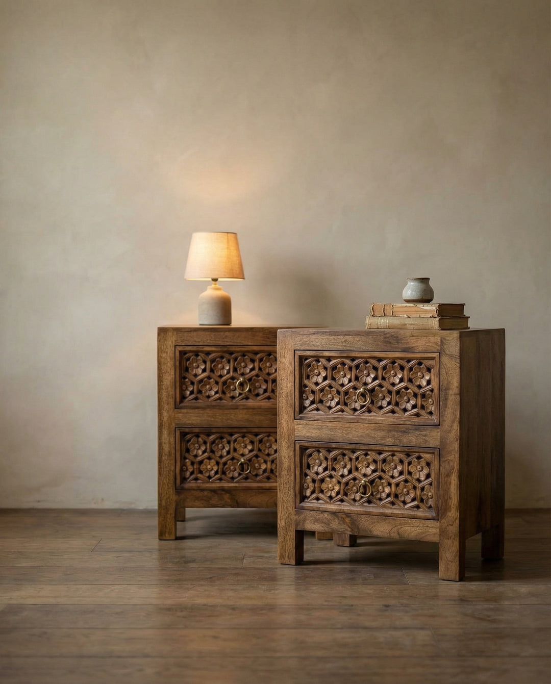 Hand-Carved Mango Wood Bedside Tables (Pair) – Natural Finish with Petal Motif Drawers