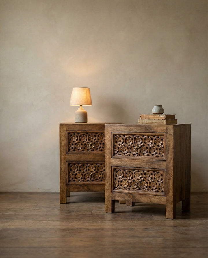 Hand-Carved Mango Wood Bedside Tables (Pair) – Natural Finish with Petal Motif Drawers
