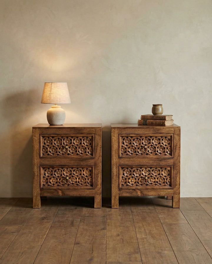 Hand-Carved Mango Wood Bedside Tables (Pair) – Natural Finish with Petal Motif Drawers