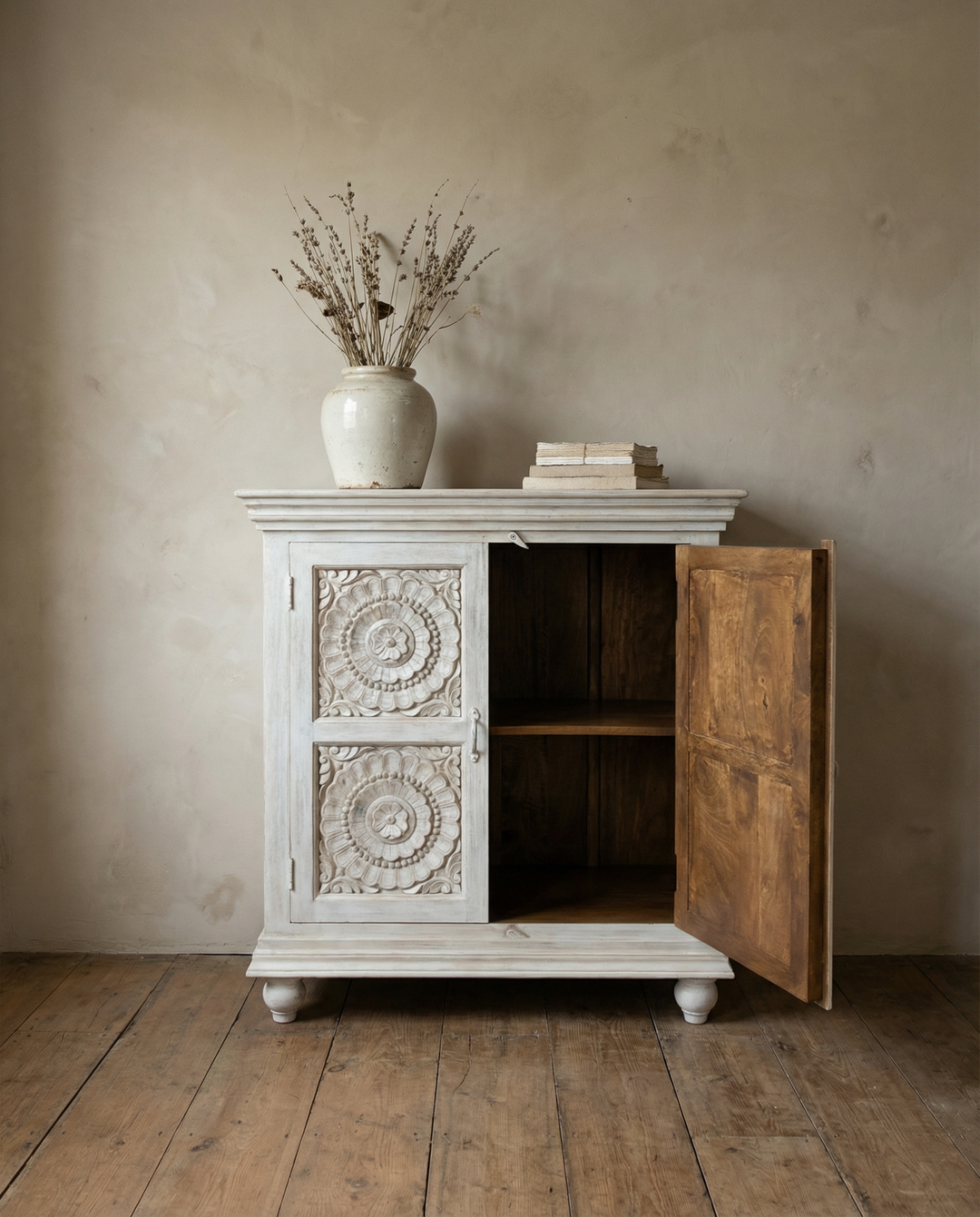 Hand Carved Whitewashed Mango Wood Sideboard