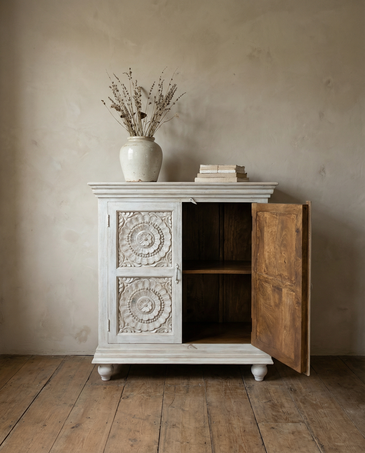 Hand Carved Whitewashed Mango Wood Sideboard
