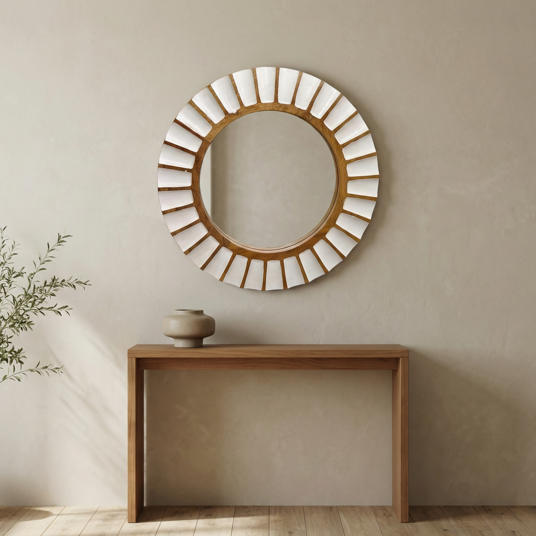 Round Mango Wood Wall Mirror – Whitewashed &amp; Natural Finish